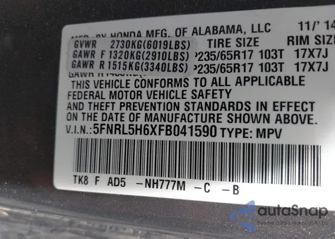 2015 Honda Odyssey Ex-L z USA, uszkodzony, nr VIN 5FNRL5H6XFB041590